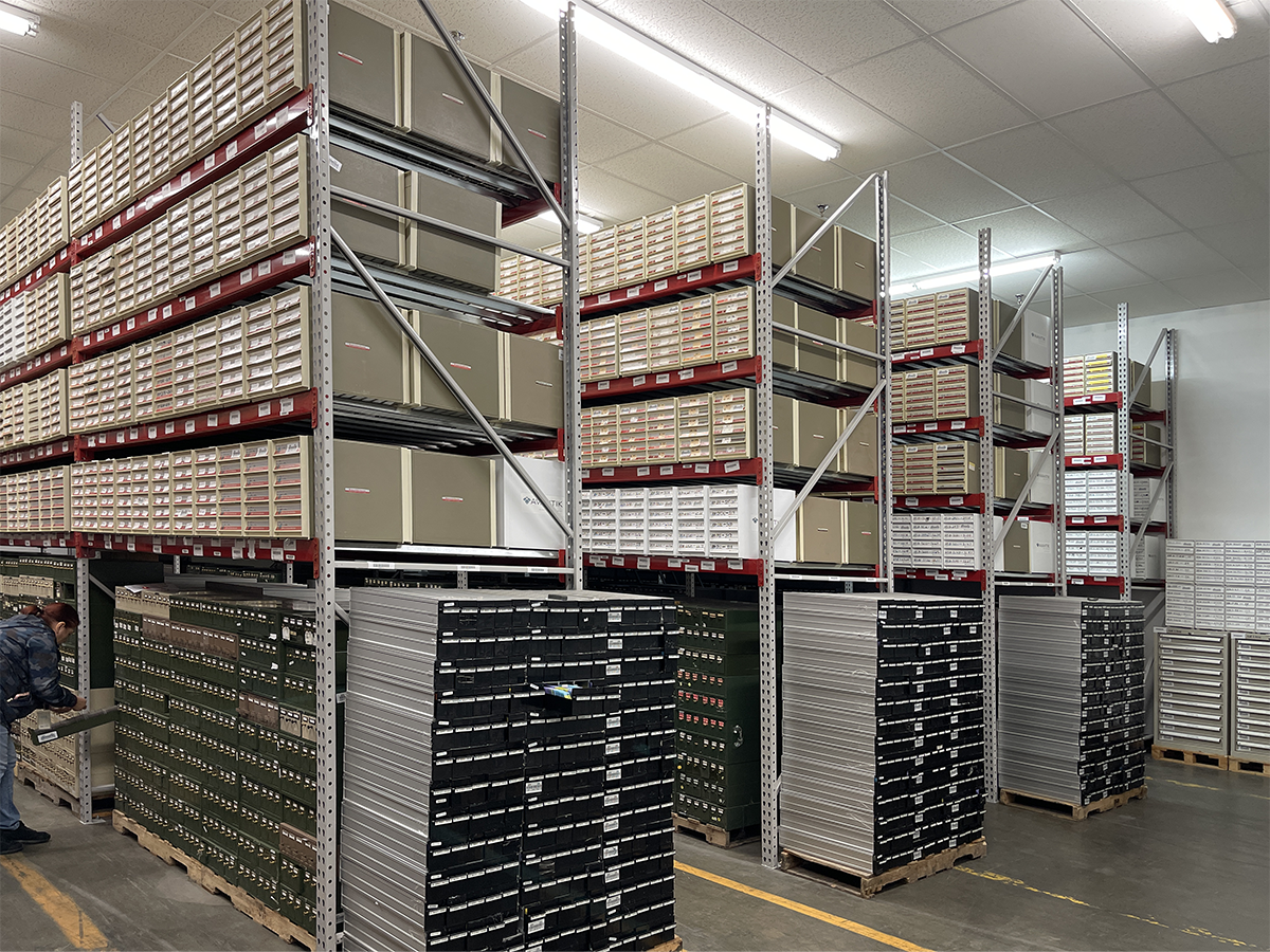 Pathology blocks and slides stored on shelving in a GRM pathology storage facility