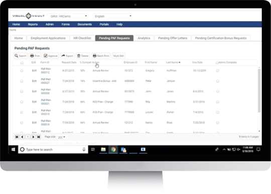 healthcare-hr-automation A screenshot of Visual Vault software showing pending Personal Action Form requests.