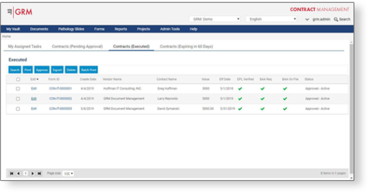 A screenshot of GRM's Contract Management Software.